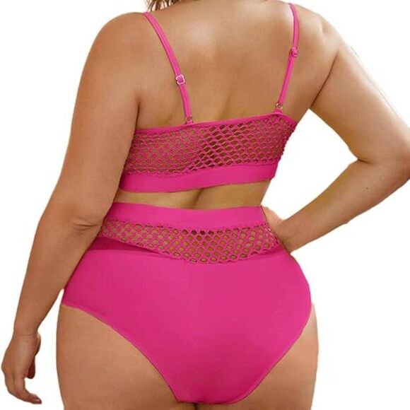 Plus Size Fishnet High Waist Bikini Set Hot Pink - Picture 2 of 11
